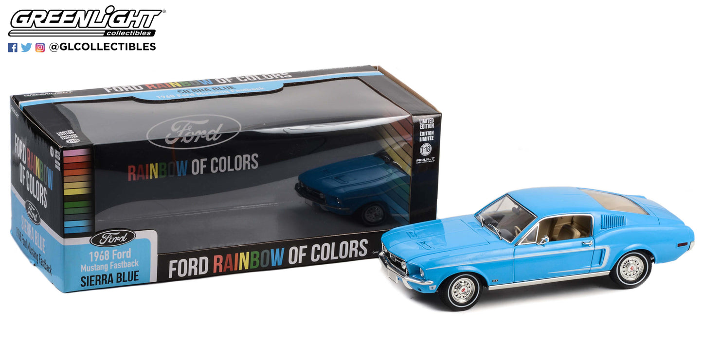 GreenLight 1:18 1968 Ford Mustang Fastback Ford Rainbow Of Colors West Coast USA Special Edition Mustang - Sierra Blue 13640