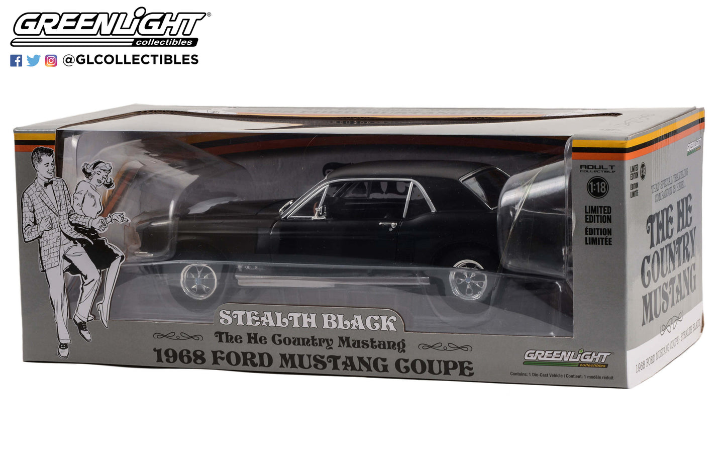 GreenLight 1:18 1968 Ford Mustang Coupe He Country Special - Bill Goodro Ford, Denver, Colorado - Stealth Black 13661
