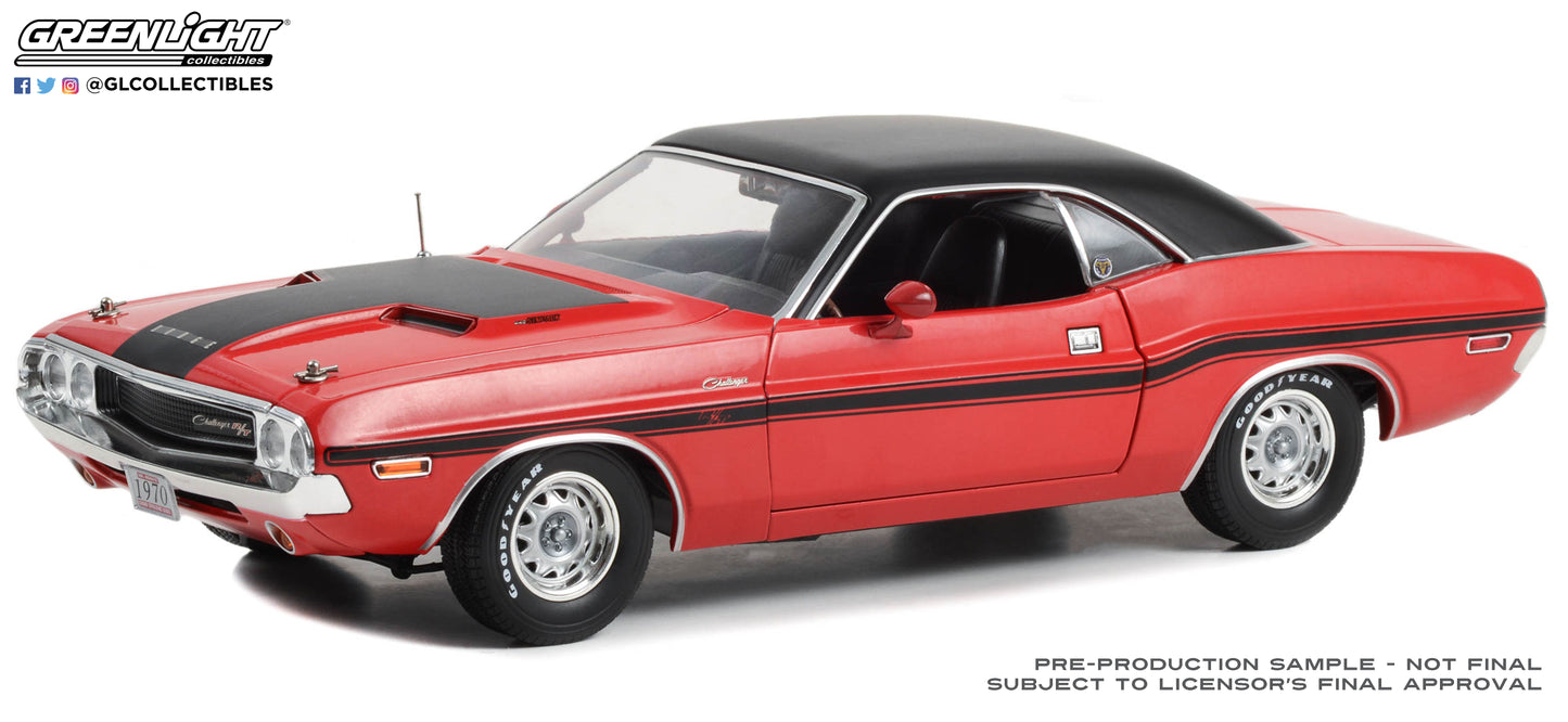 GreenLight 1:18 1970 Dodge Challenger R/T 440 Six-Pack - Mr. Norm s Grand Spaulding Dodge - Red with Black Interior 13667