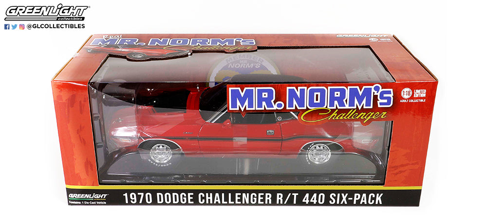 GreenLight 1:18 1970 Dodge Challenger R/T 440 Six-Pack - Mr. Norm s Grand Spaulding Dodge - Red with Black Interior 13667