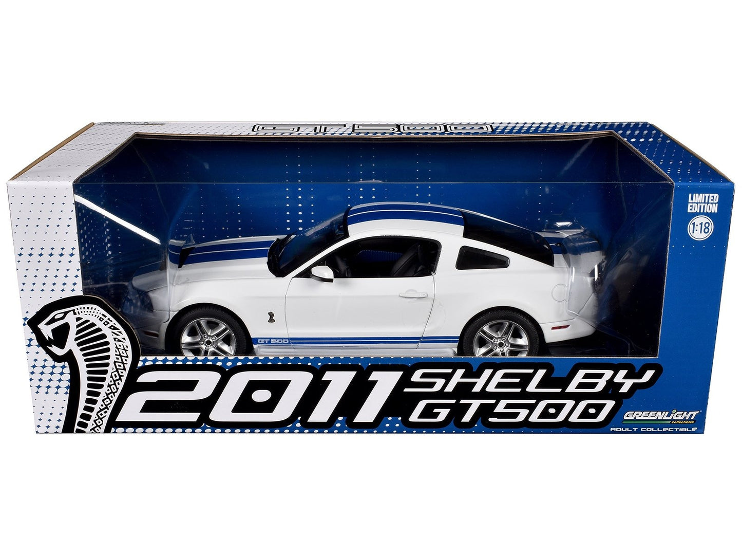 GreenLight 1:18 2011 Ford Shelby GT500 - Performance White with Grabber Blue Stripes 13674