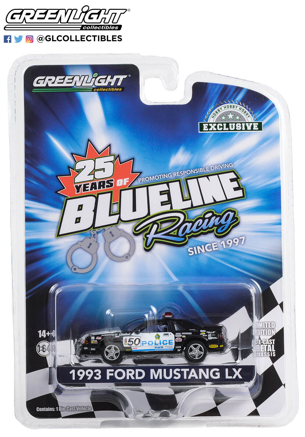 GreenLight 1:64 1993 Ford Mustang LX - Edmonton Police, Edmonton, Alberta, Canada - Blue Line Racing 25 Years 30368