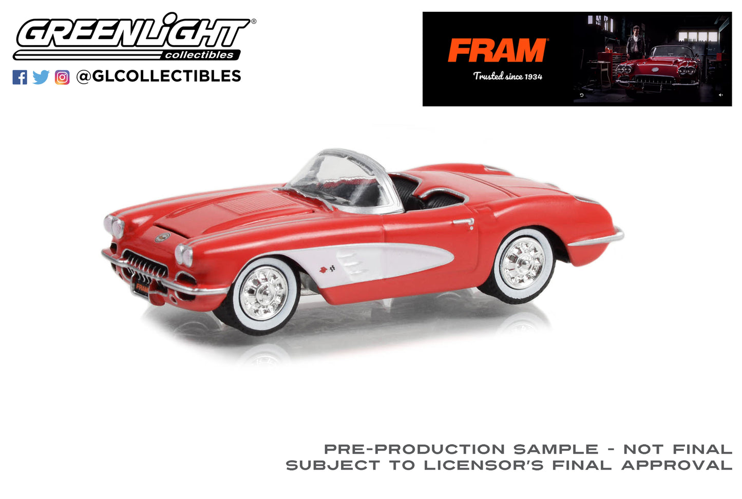 GreenLight 1:64 1958 Chevrolet Corvette - FRAM Oil Filters Trusted Since 1934 30388