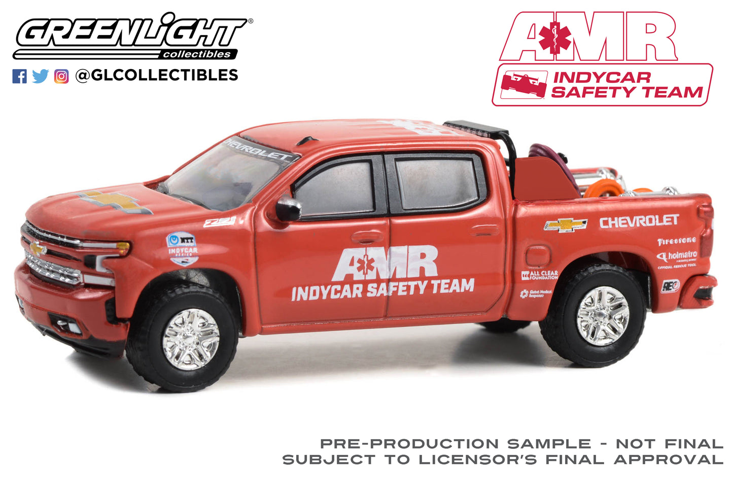 GreenLight 1:64 2021 Chevrolet Silverado - 2021 NTT IndyCar Series AMR IndyCar Safety Team in Red with Safety Equipment in Truck Bed 30404