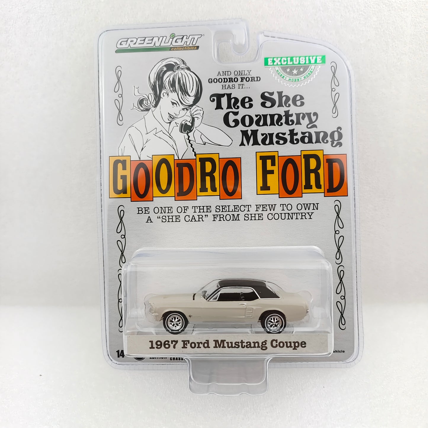 GreenLight 1:64 1967 Ford Mustang Coupe - She Country Special - Bill Goodro Ford, Denver, Colorado - Autumn Smoke (Hobby Exclusive) 30426