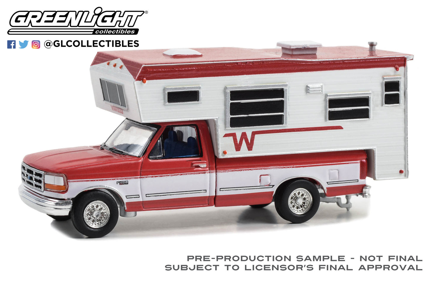 GreenLight 1:64 1995 Ford F-250 Long Bed with Winnebago Slide-In Camper - Bright Red and Oxford White 30449