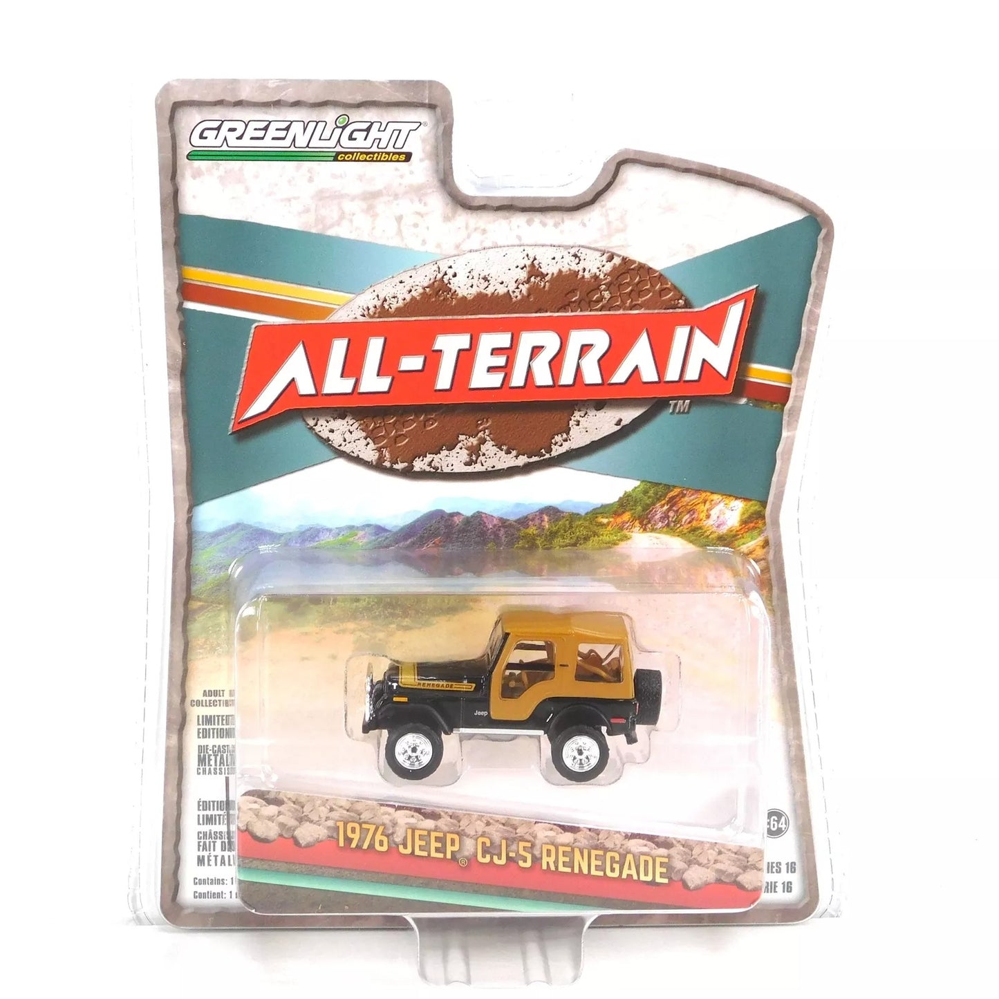 GreenLight 1:64 All-Terrain Series 16 - 1976 Jeep CJ-5 Renegade Lifted with Off-Road Bumper - Black 35290-C