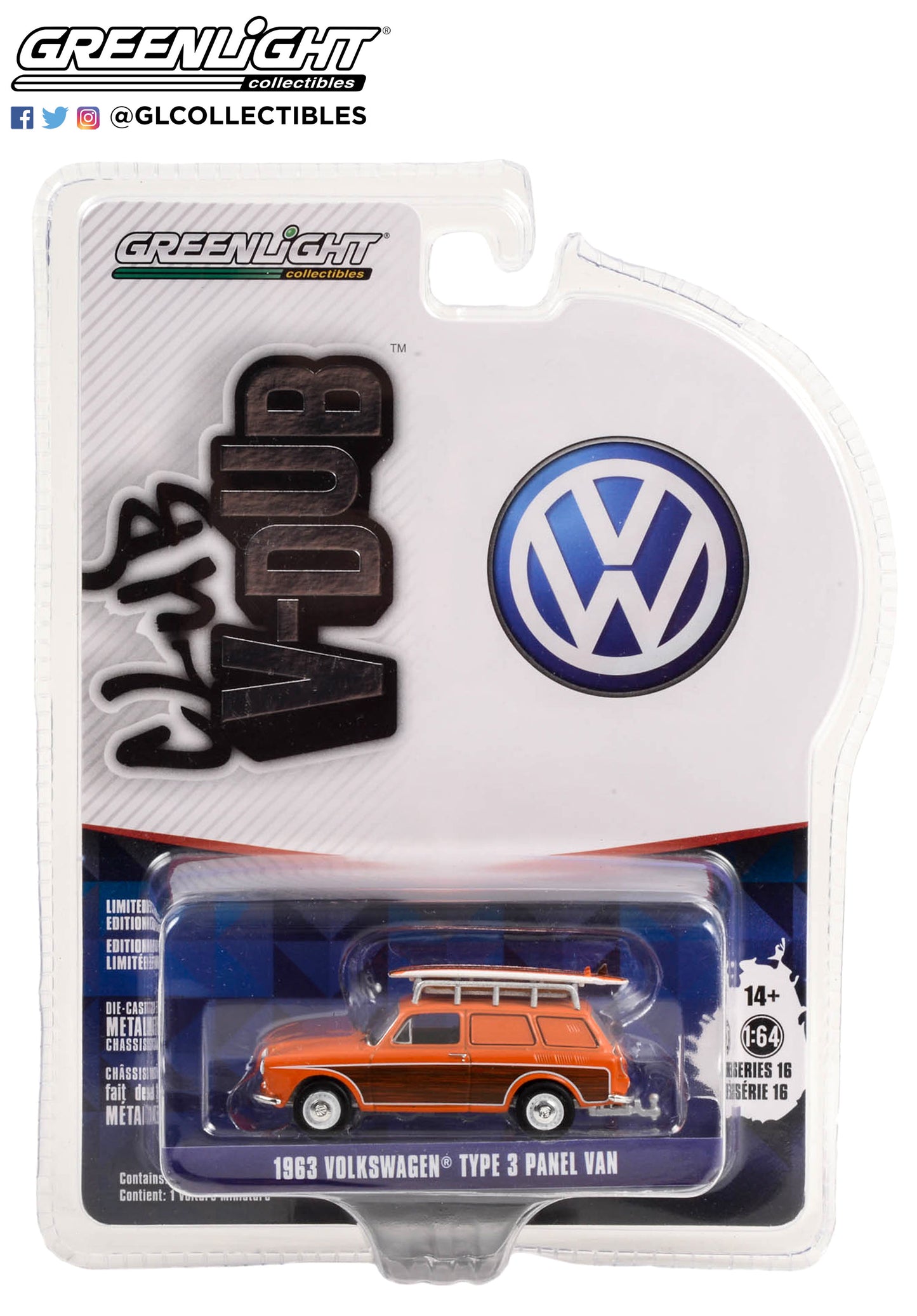 GreenLight 1:64 Club Vee-Dub Series 16 - 1963 Volkswagen Type 3 Panel Van Woody with Roof Rack and Surfboard 36070-A