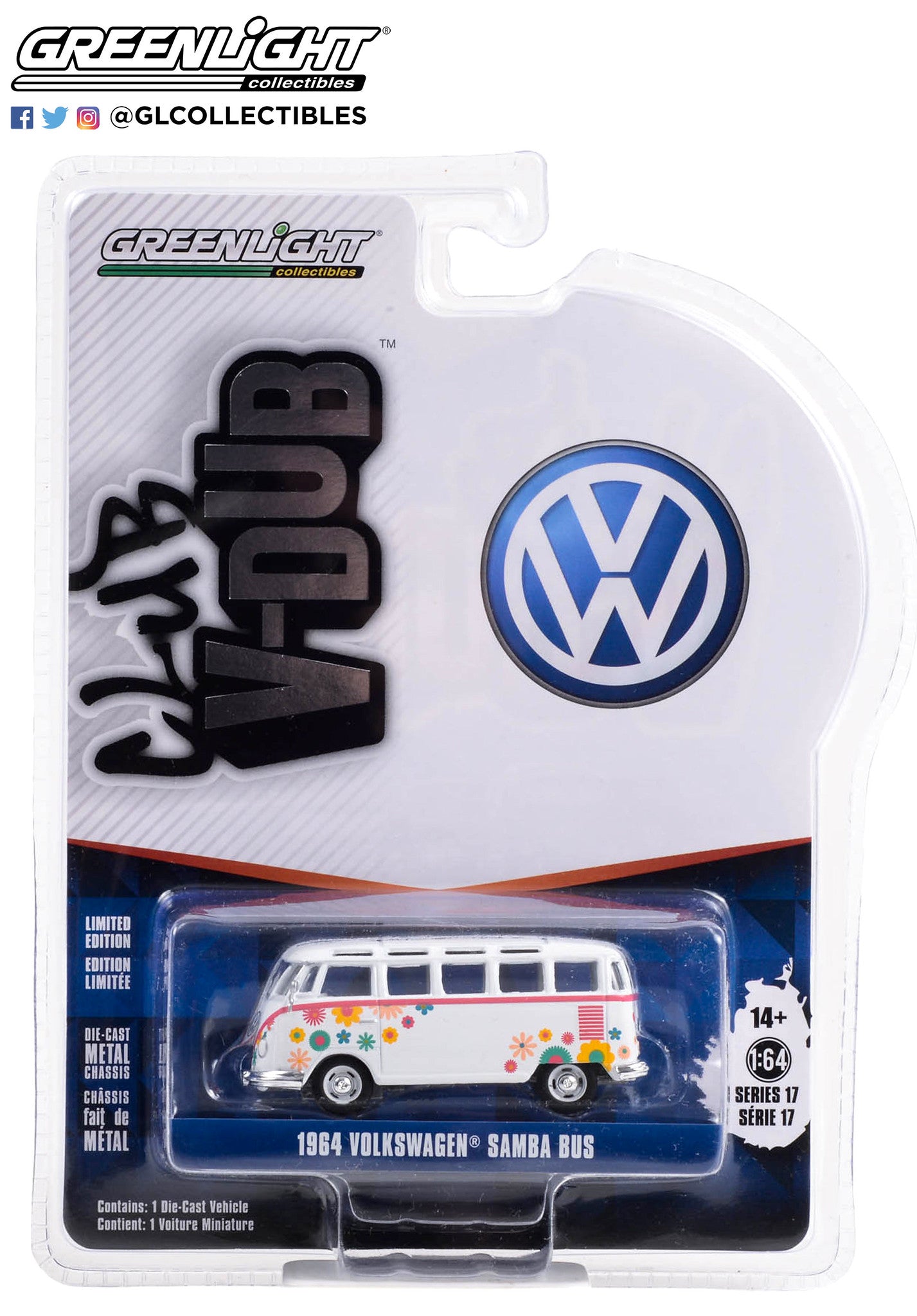 GreenLight 1:64 Club Vee-Dub Series 17 - 1964 Volkswagen Type 2 (T1) Samba Bus - Flower Power 36080-B