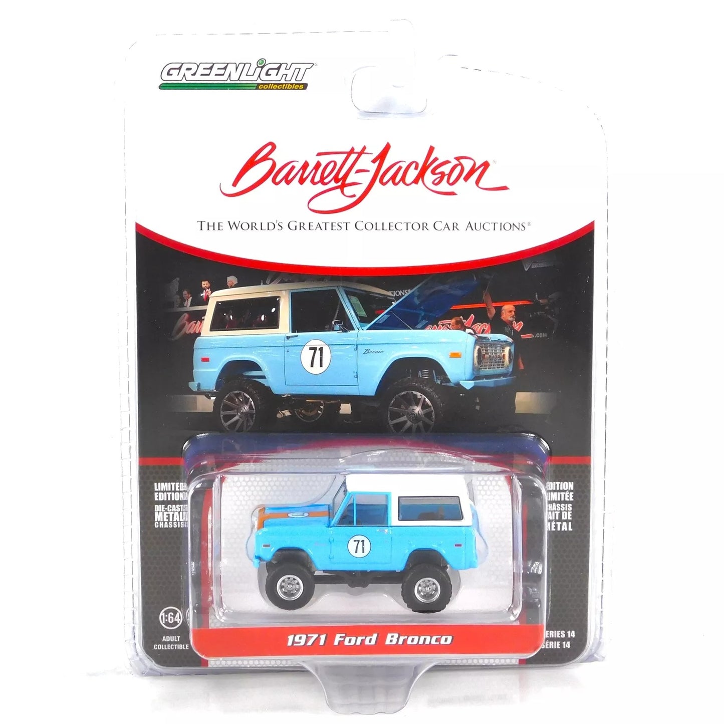 GreenLight 1:64 Barrett-Jackson Series 14 - 1971 Ford Bronco Custom SUV – Blue (Las Vegas 2023) 37310-F