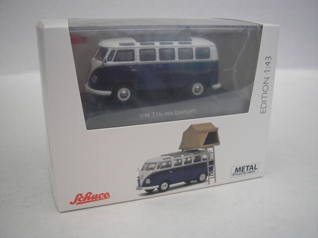 Schuco 1:43 Volkswagen T1b Samba blue/white with rooftop tent 450377800