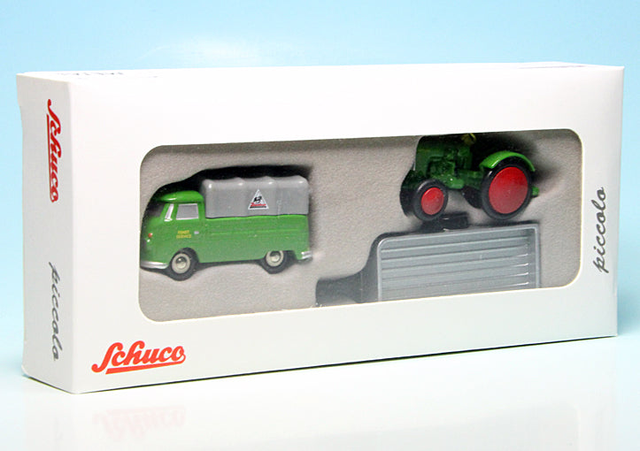 Schuco 1:90 Piccolo Volkswagen T1 pick-up with tarpaulin trailer and Fendt Dieselross tractor 450563400