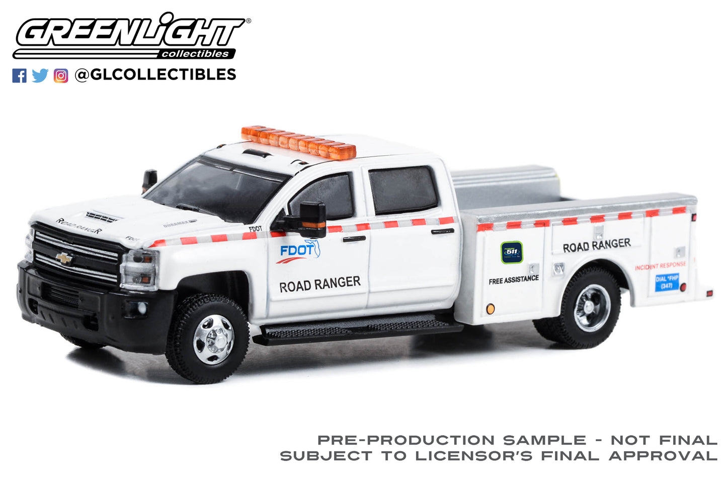 GreenLight 1:64 Dually Drivers Series 12 - 2018 Chevrolet Silverado 3500 Dually Service Bed - Florida Department of Transportation (FDOT) Road Ranger 46120-D
