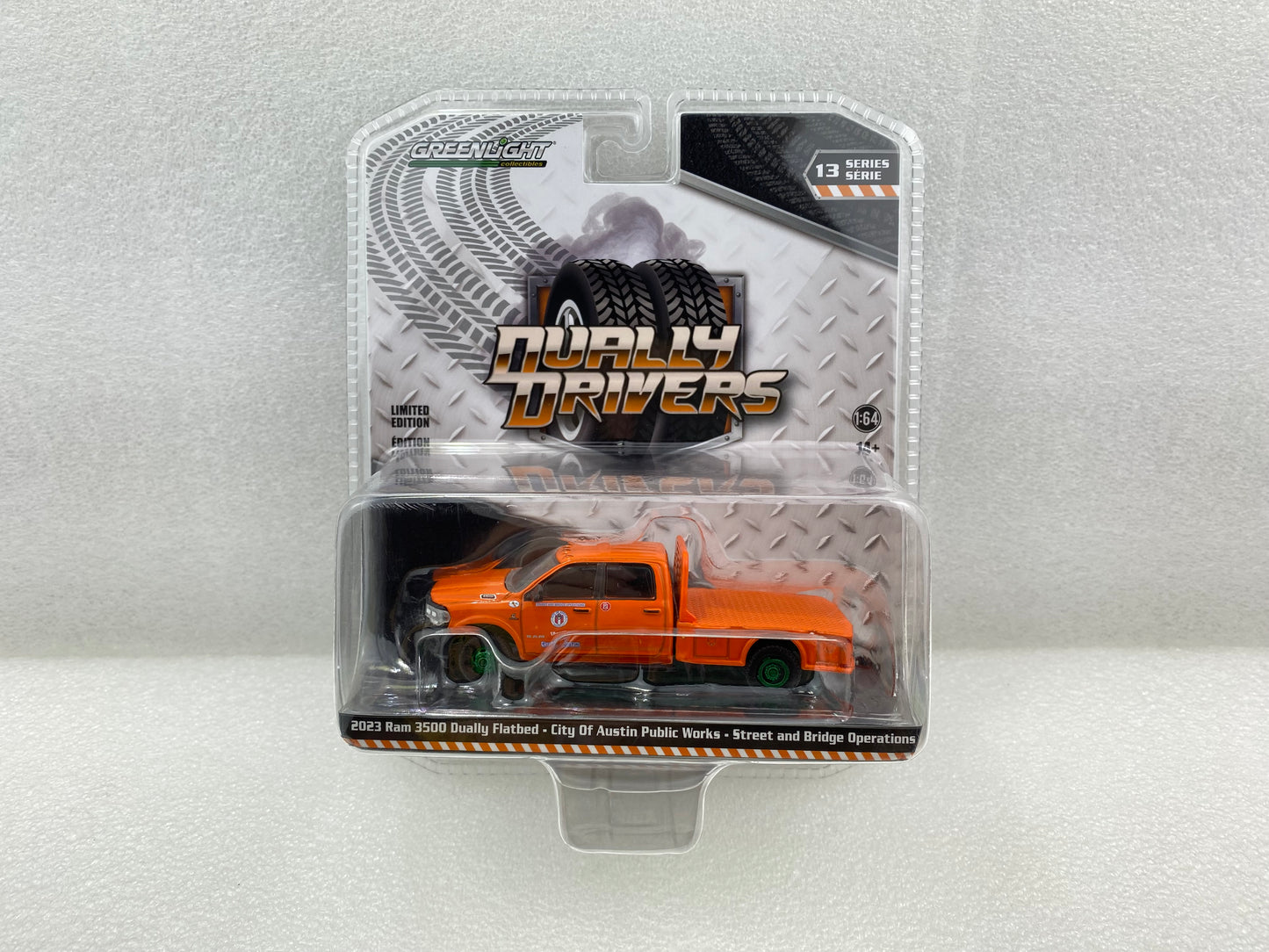 GreenLight Green Machine 1:64 Dually Drivers Series 13 - 2023 Dodge Ram 3500 Dually Flatbed - City Of Austin Public Works - Street and Bridge Operations, Austin, Texas 46130-F