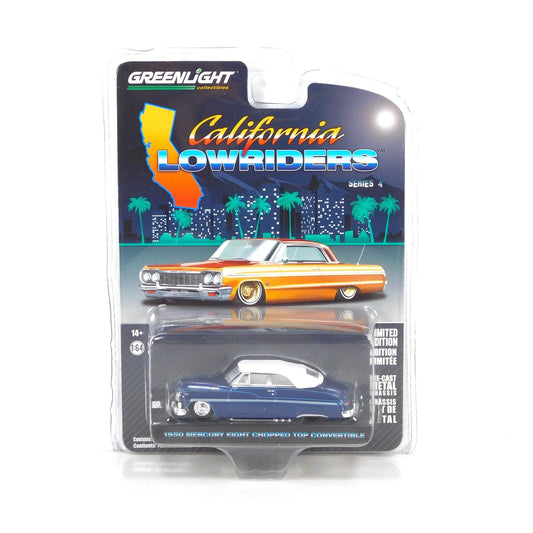 GreenLight 1:64 California Lowriders Series 4 - 1950 Mercury Eight Chopped Top Convertible - Dark Blue Metallic with Light Blue Pinstripes and White Top 63050-B