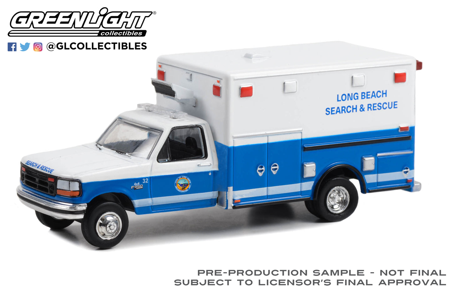 GreenLight 1:64 First Responders - 1993 Ford F-350 Ambulance - Long Beach Search & Rescue, Long Beach, California 67062