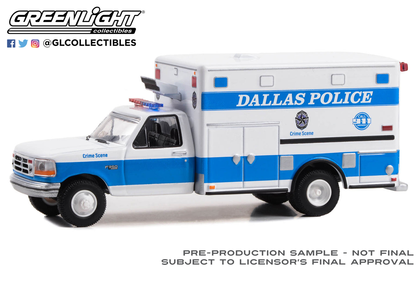 GreenLight 1:64 First Responders - 1992 Ford F-350 Ambulance - Dallas Police Crime Scene, Dallas Texas (Hobby Exclusive) 67065