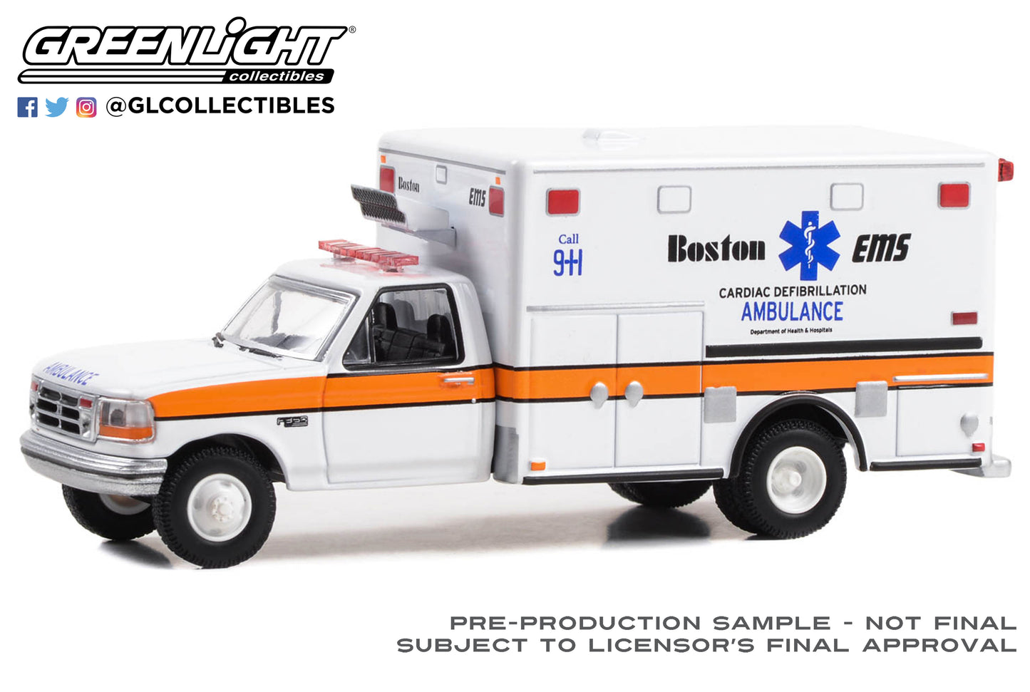 GreenLight 1:64 First Responders - 1994 Ford F-350 Ambulance - Boston EMS Cardiac Defibrillation Ambulance, Boston, Massachusetts (Hobby Exclusive) 67066