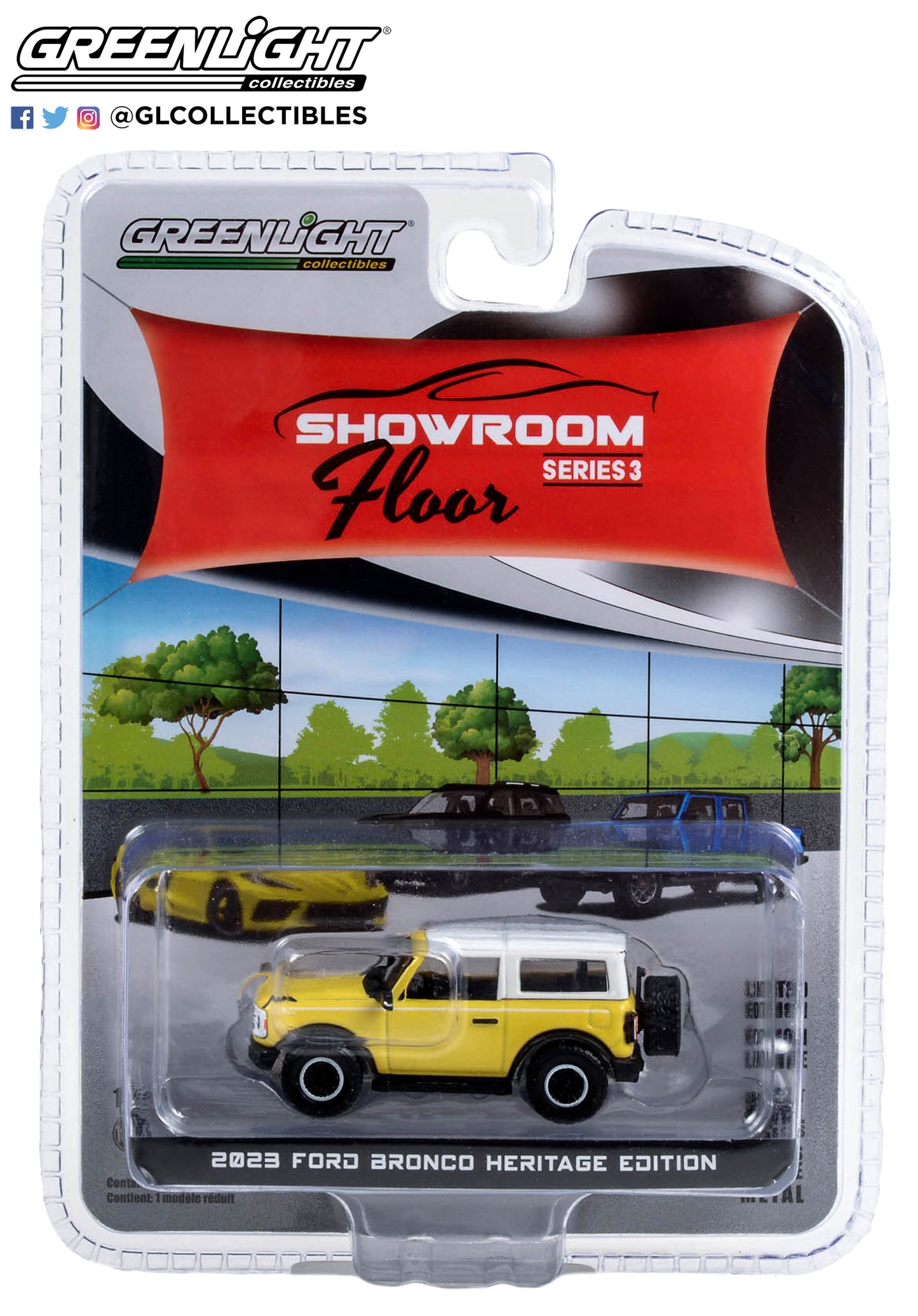GreenLight 1:64 Showroom Floor Series 3 - 2023 Ford Bronco 2-Door Heritage Edition - Yellowstone Metallic with Oxford White Roof 68030-D