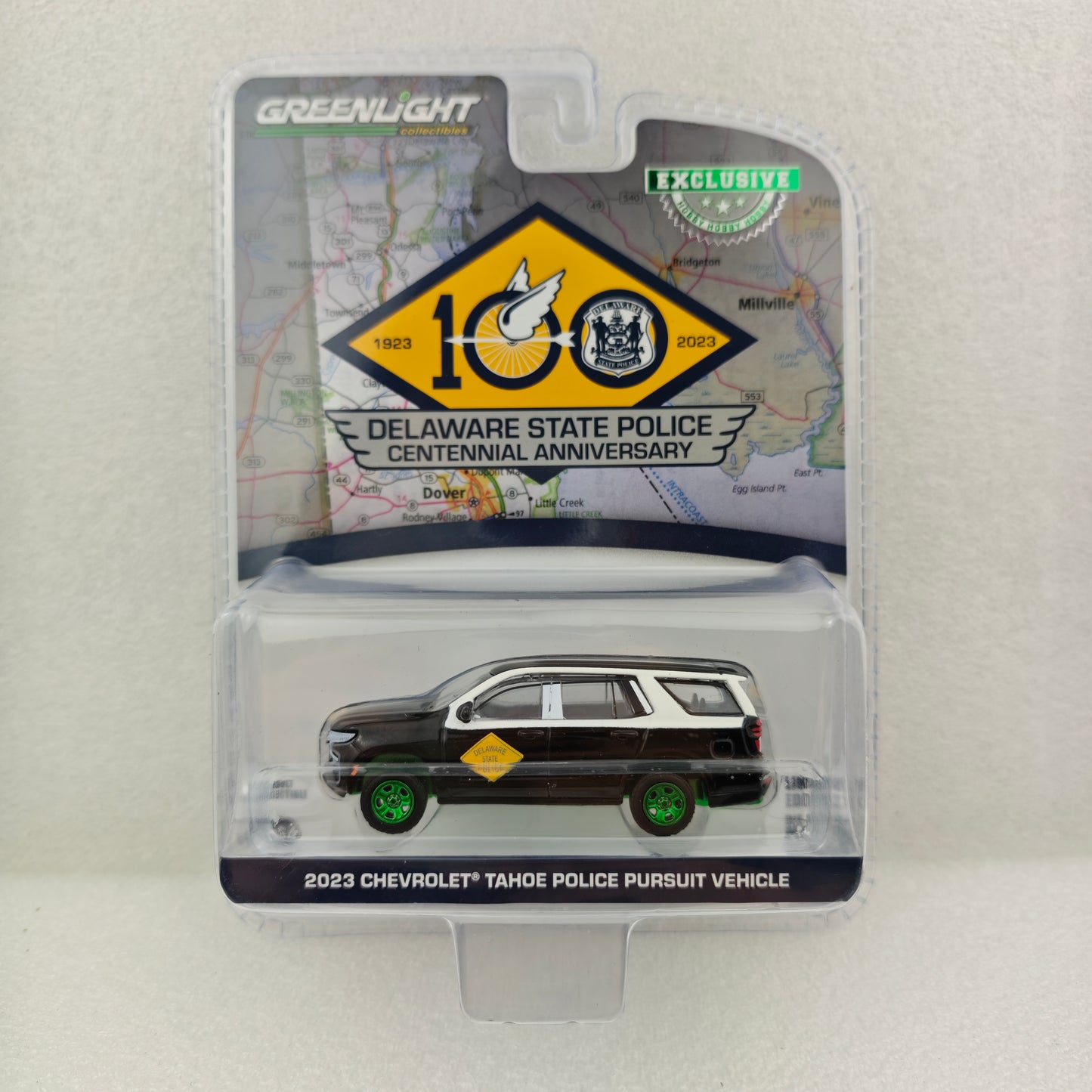 GreenLight Green Machine 1:64 2023 Chevrolet Tahoe Police Pursuit Vehicle – Delaware State Police – Centennial Anniversary (Hobby Exclusive) 30487