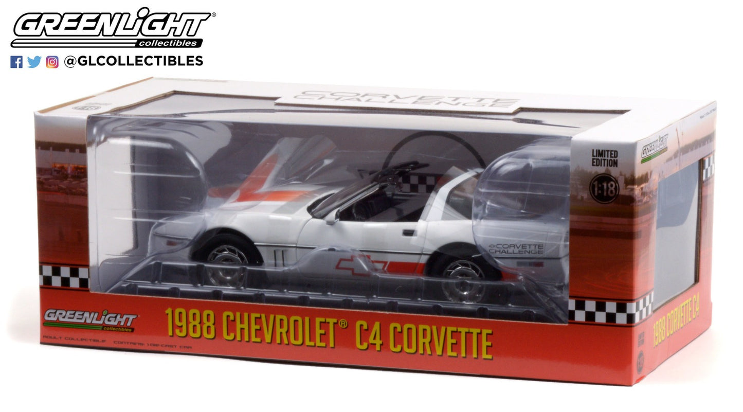 GreenLight 1:18 1988 Chevrolet Corvette C4 - White with Orange Stripes - Corvette Challenge Race Car 13596