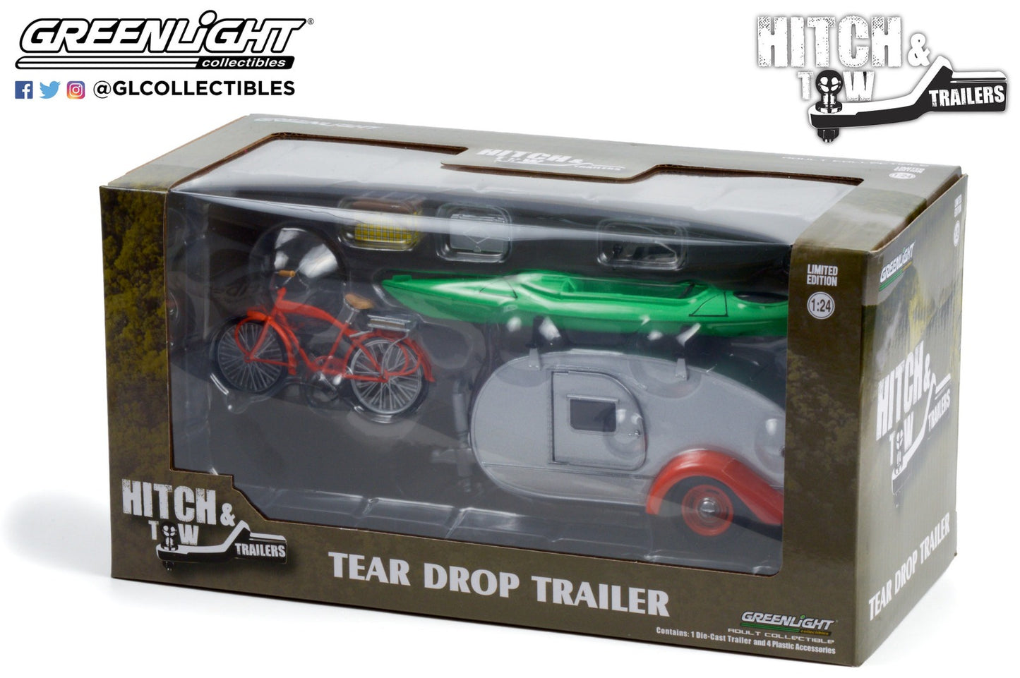 GreenLight 1:24 Hitch & Tow Trailers Series 6 - Teardrop Trailer in Silver with Orange Trim, Roof Rack, Bicycle, Kayak, Cooler and Picnic Basket 18460-B