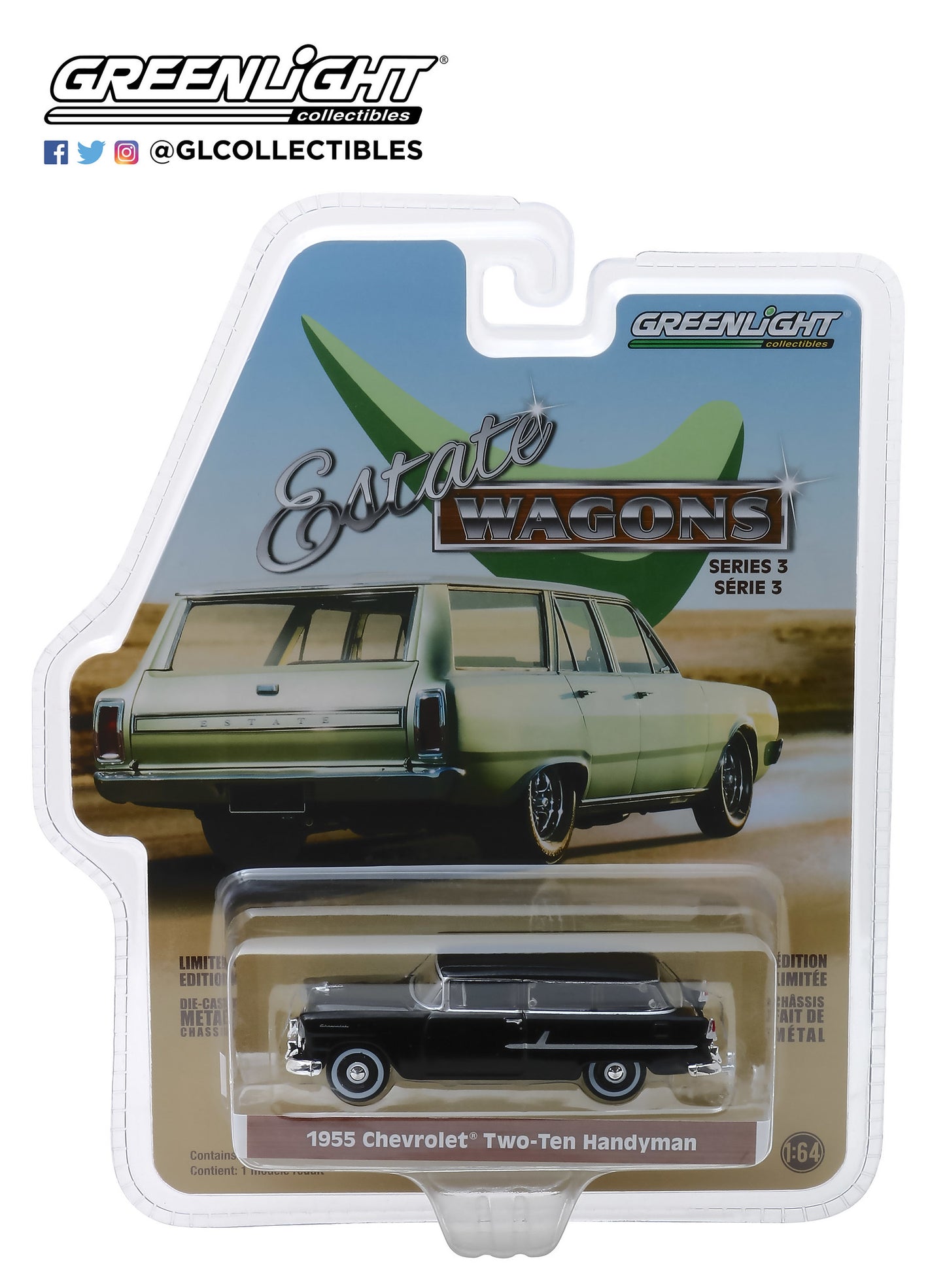 GreenLight 1/64 Estate Wagons Series 3 - 1955 Chevrolet Two-Ten Handyman - Onyx Black 29950-B