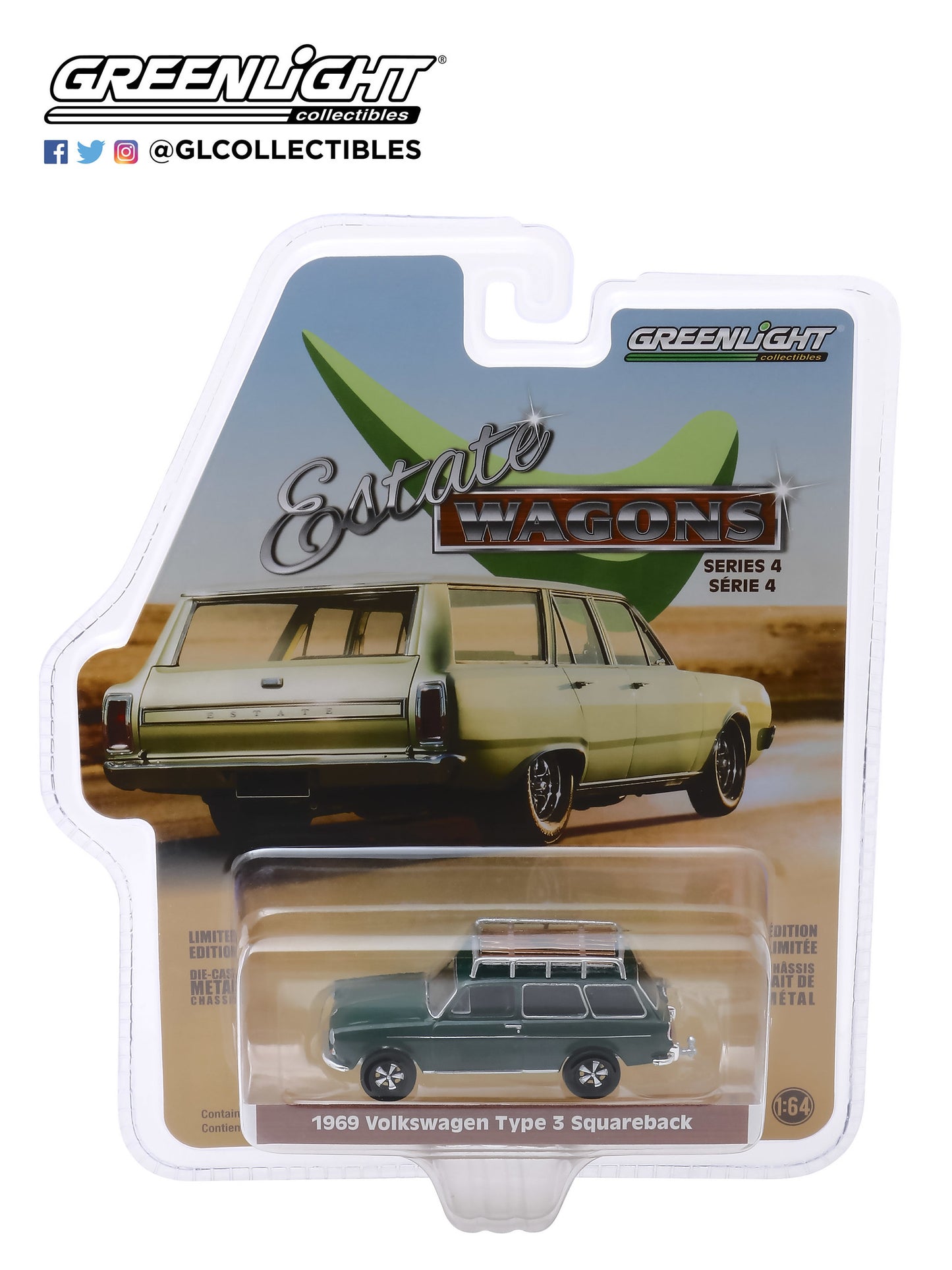 GreenLight 1:64 Estate Wagons Series 4 - 1969 Volkswagen Type 3 Squareback - Dark Green 29970-B