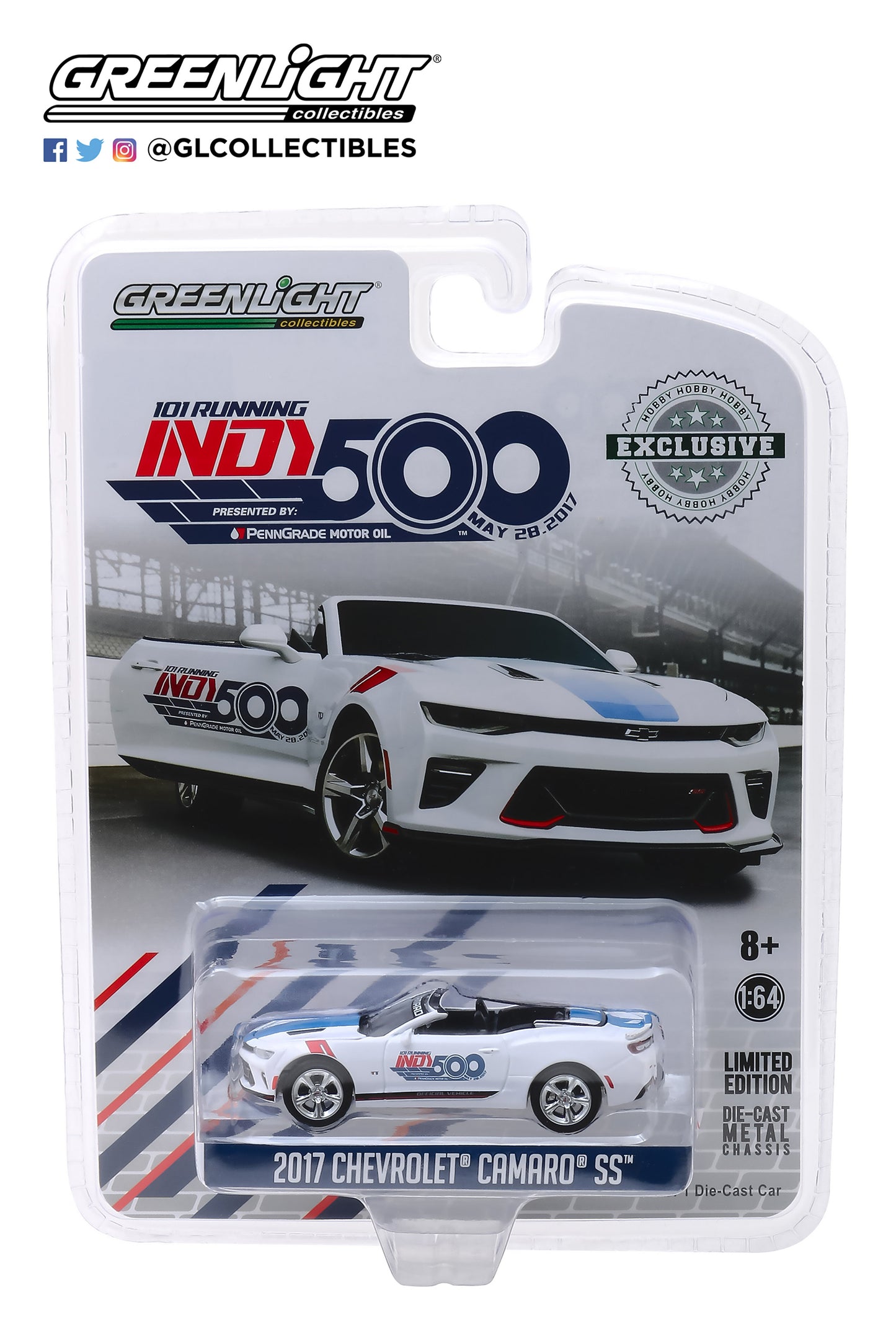 GreenLight 1:64 2017 Chevrolet Camaro Convertible - 101 Running Indy 500 Presented by PennGrade Motor Oil 500 Festival Event Car 30003