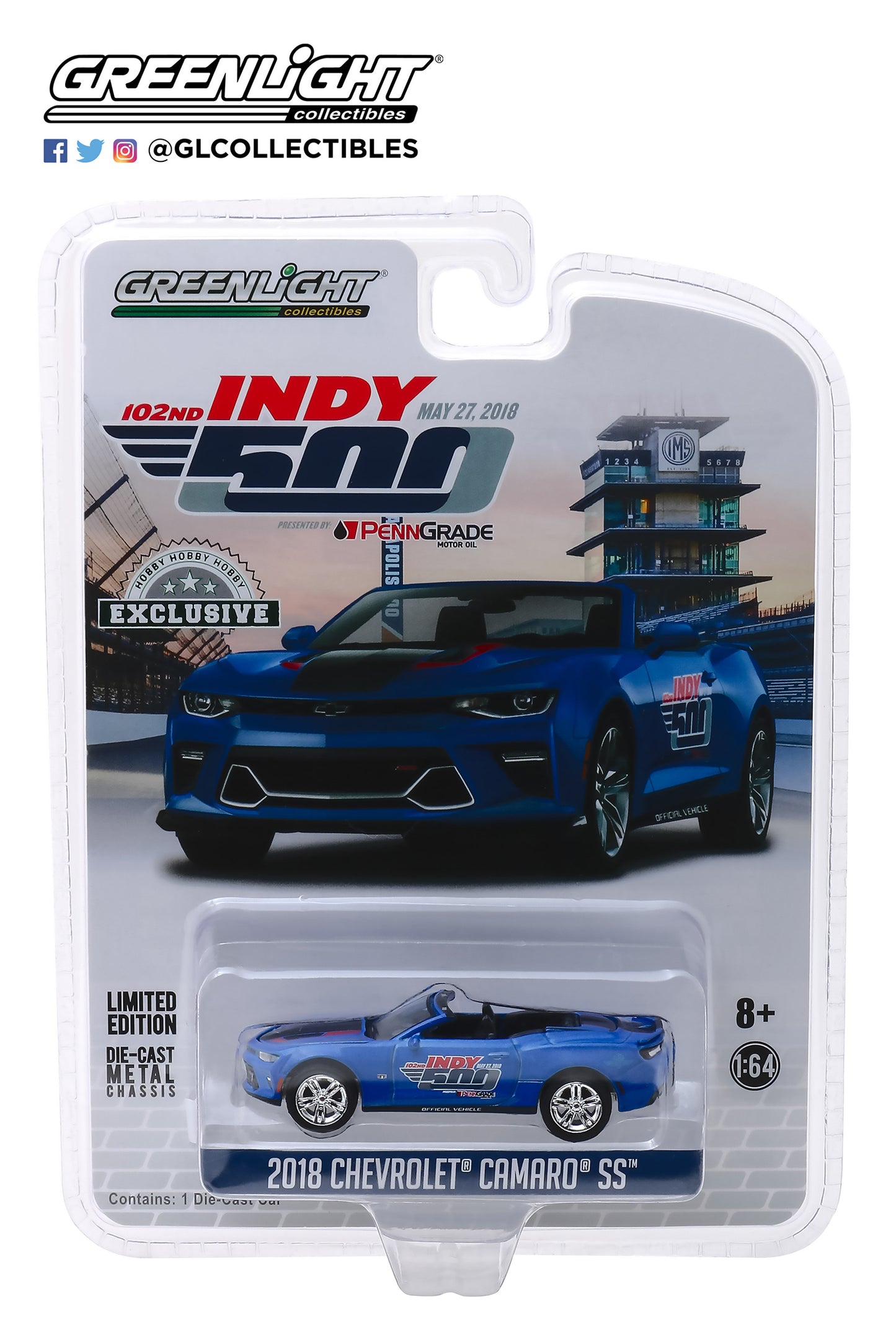 GreenLight 1:64 2018 Chevrolet Camaro Convertible - 102nd Indy 500 Presented by PennGrade Motor Oil 500 Festival Event Car 30004