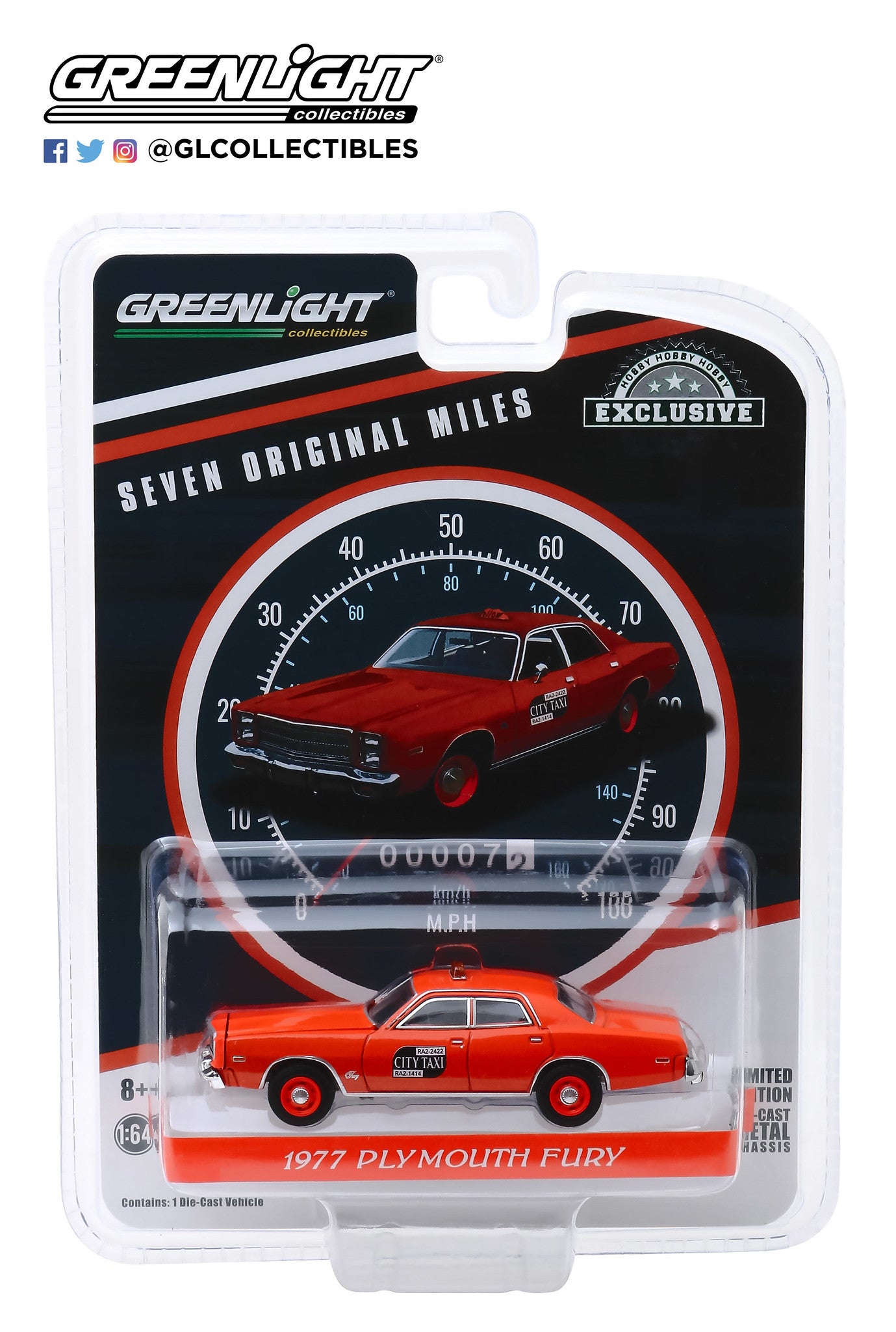 GreenLight 1:64 1977 Plymouth Fury - Binghamton, New York City Taxi - 7 Original Miles on Odometer 30057