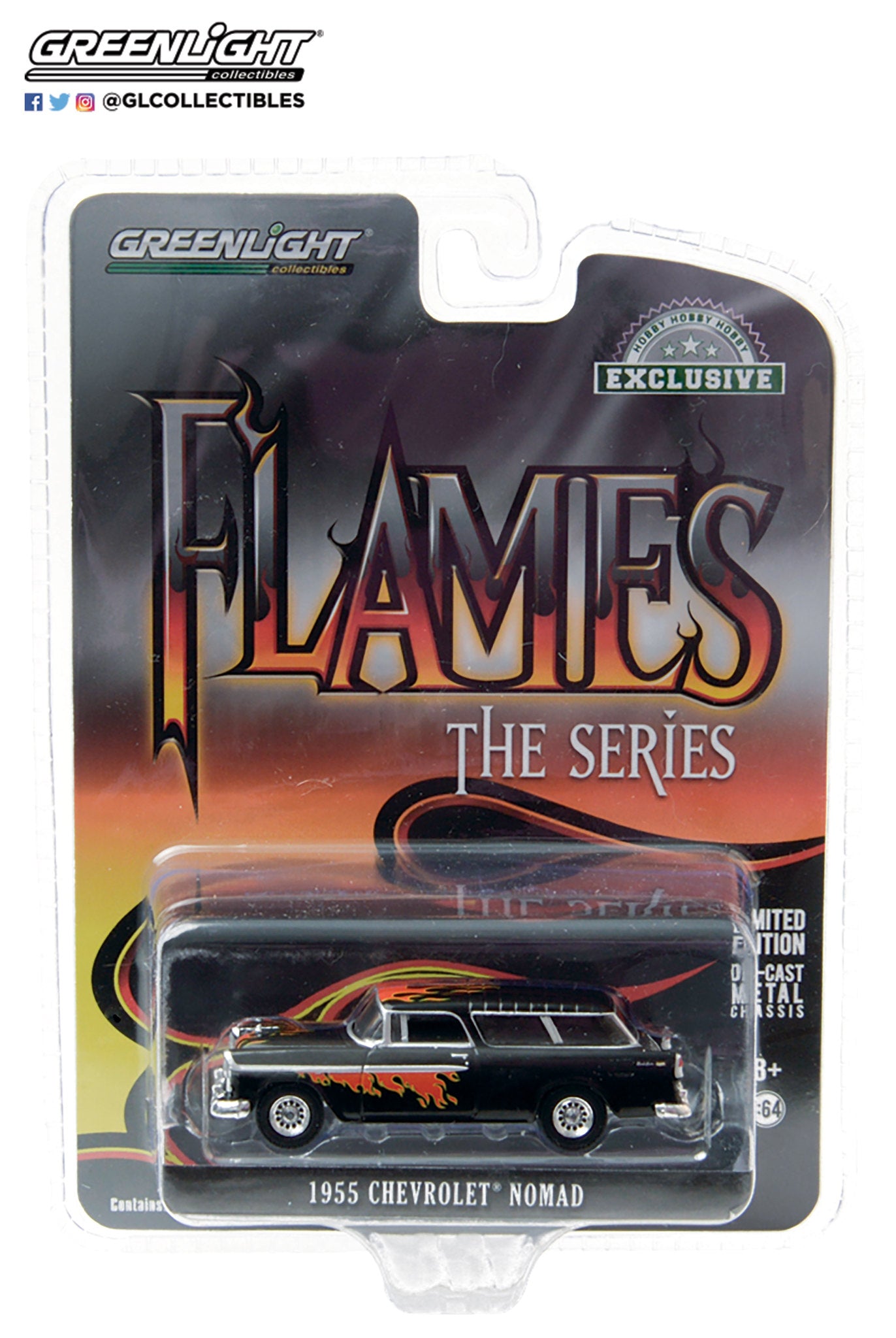 GreenLight 1:64 Flames The Series - 1955 Chevrolet Nomad - Black with Flames 30117