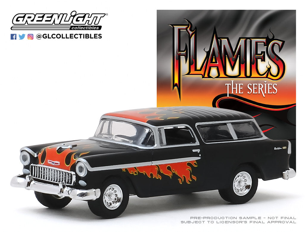 GreenLight 1:64 Flames The Series - 1955 Chevrolet Nomad - Black with Flames 30117