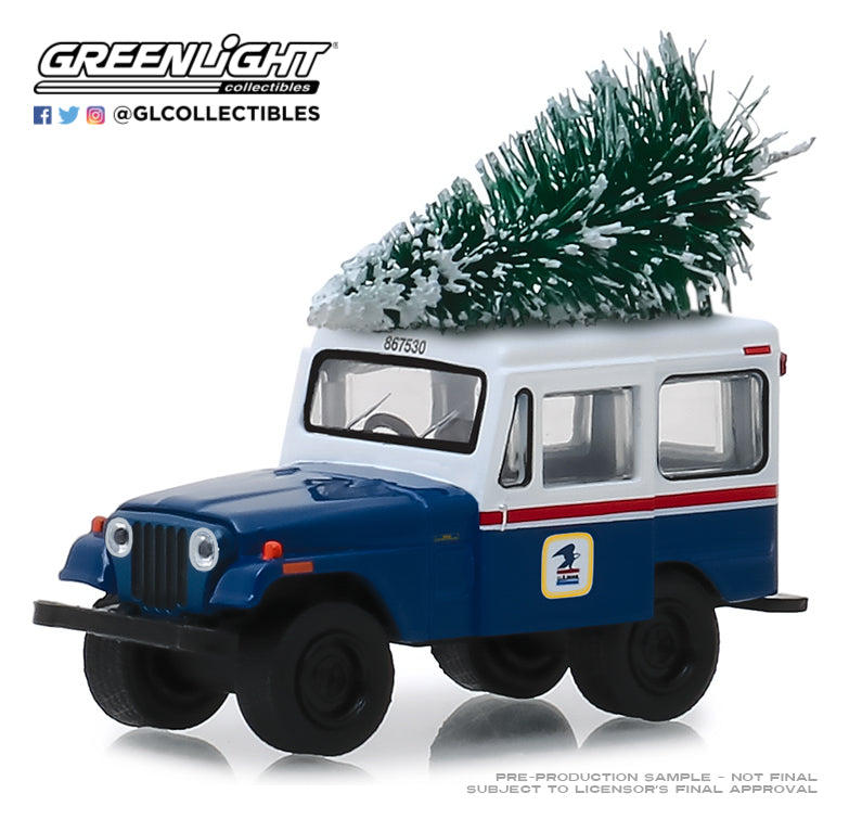 GreenLight 1:64 1972 Jeep DJ-5 United States Postal Service (USPS) - Blue with White Roof with Christmas Tree Accessory 30118