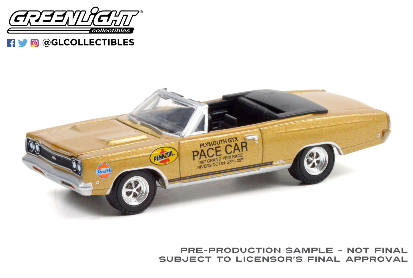 GreenLight 1:64 1968 Plymouth GTX 426 HEMI Convertible - 1967 Los Angeles Times Grand Prix at Riverside International Raceway Pace Car 30272