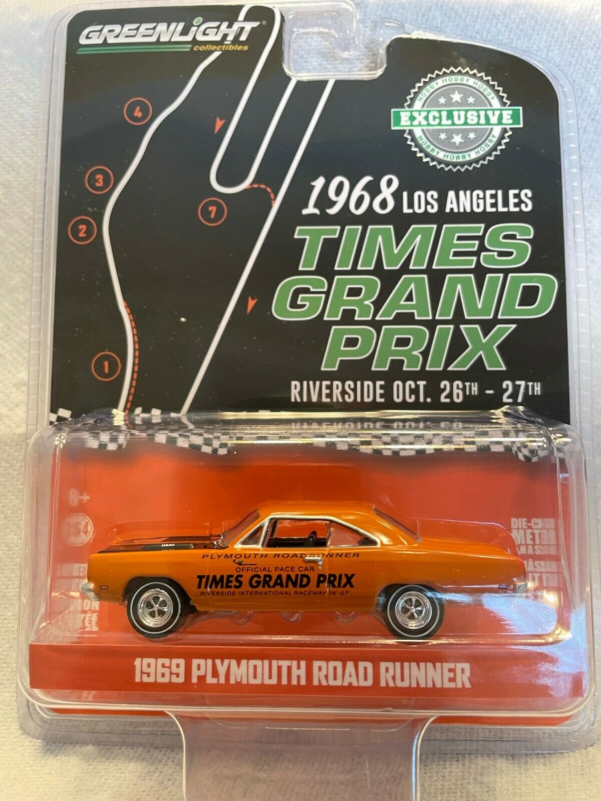 GreenLight 1:64 1969 Plymouth Road Runner - 1968 Los Angeles Times Grand Prix at Riverside International Raceway Official Pace Car 30273