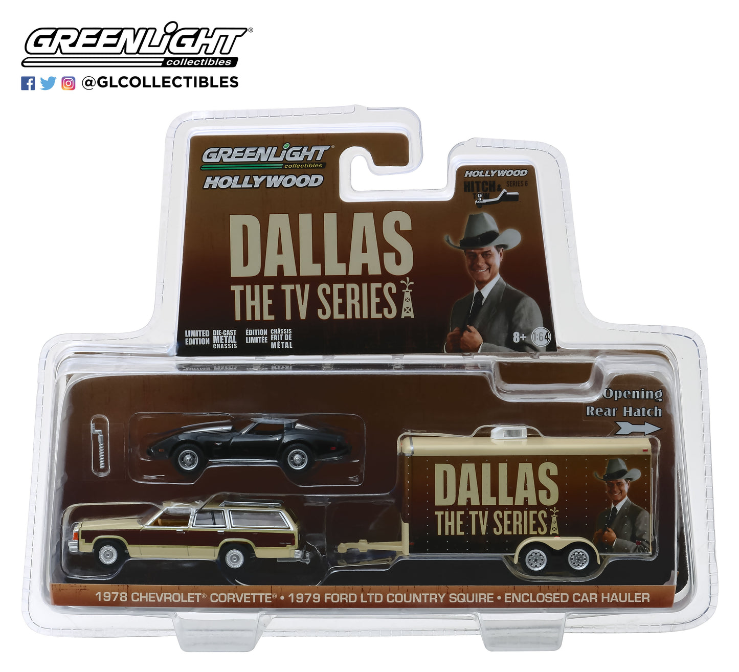 GreenLight 1/64 Hollywood Hitch & Tow Series 6 - Dallas (1978-91 TV Series) - 1979 Ford LTD Country Squire with 1978 Chevrolet Corvette C3 in Enclosed Car Hauler 31070-C