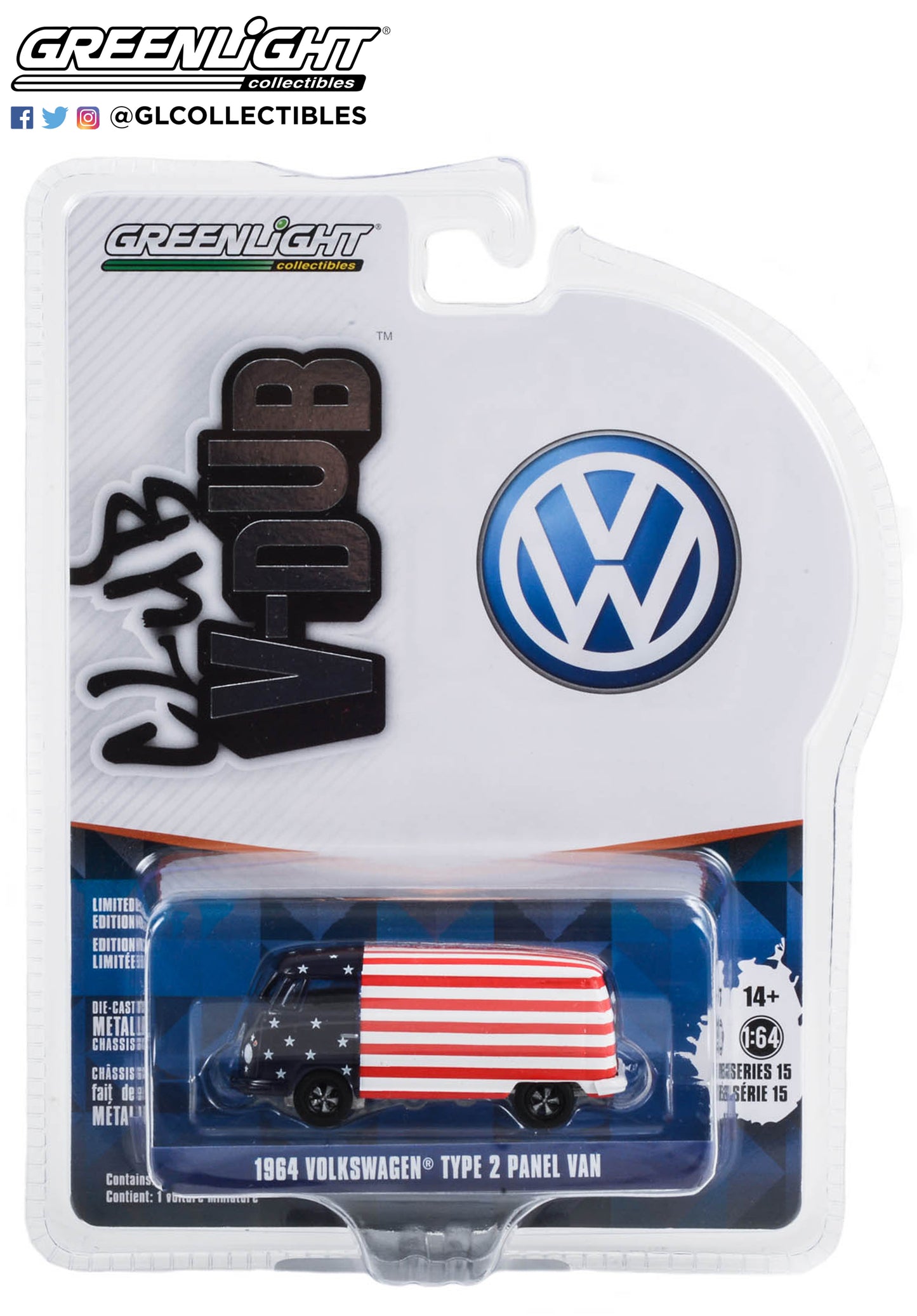 GreenLight 1:64 Club Vee-Dub Series 15 - 1964 Volkswagen Type 2 Panel Van - American Flag Solid Pack 36060-A