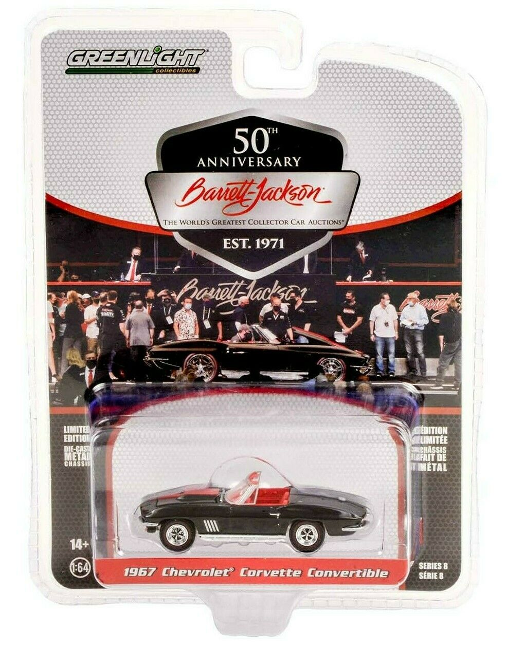 GreenLight 1:64 Barrett-Jackson Scottsdale Edition Series 8 - 1967 Chevrolet Corvette Convertible (Lot #1367) - Black with Red Interior 37240-A