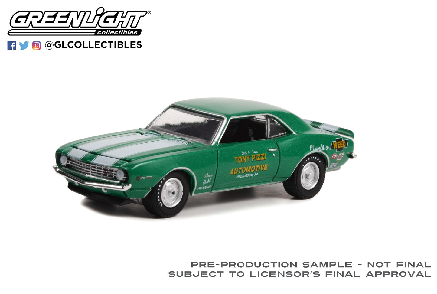 GreenLight 1:64 Barrett-Jackson ‘Scottsdale Edition’ Series 10 - 1969 Chevrolet Camaro Z/28 (Lot #1309.1) - Rally Green with White Stripes - Tony Pizzi Automotive, Philadelphia, Pennsylvania 37260-D