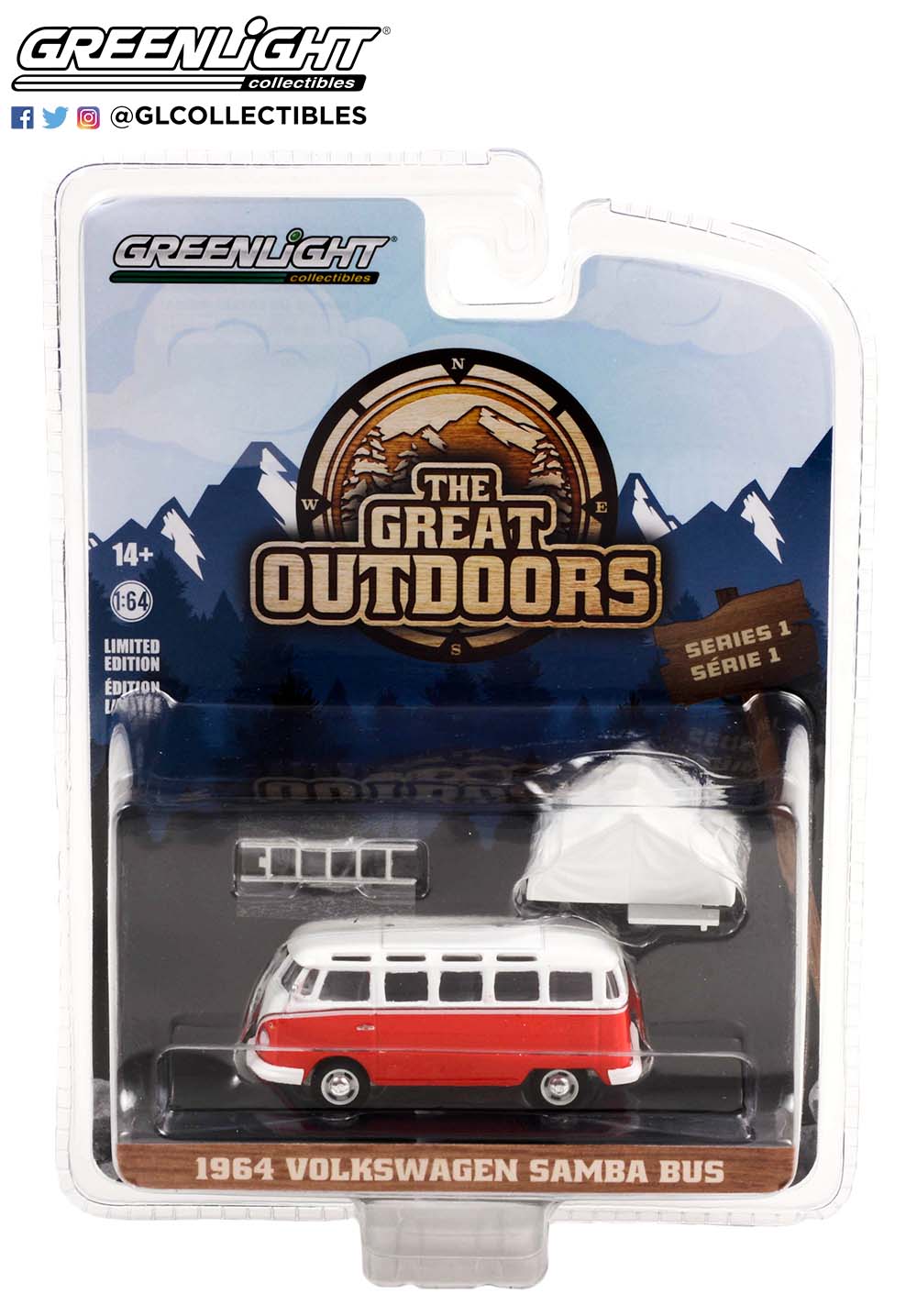 GreenLight 1:64 The Great Outdoors Series 1 - 1964 Volkswagen Samba Bus with Camp otel Cartop Sleeper Tent 38010-A