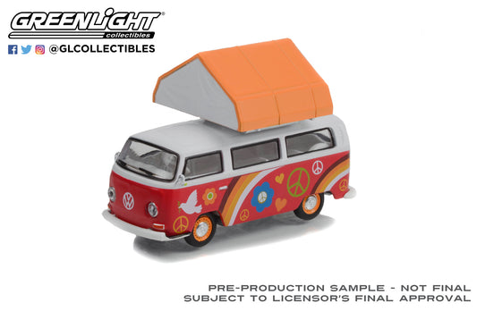 GreenLight 1:64 The Great Outdoors Series 2 - 1968 Volkswagen Type 2 ‘Peace and Love’ with Camp'otel Cartop Sleeper Tent Solid Pack 38030-A