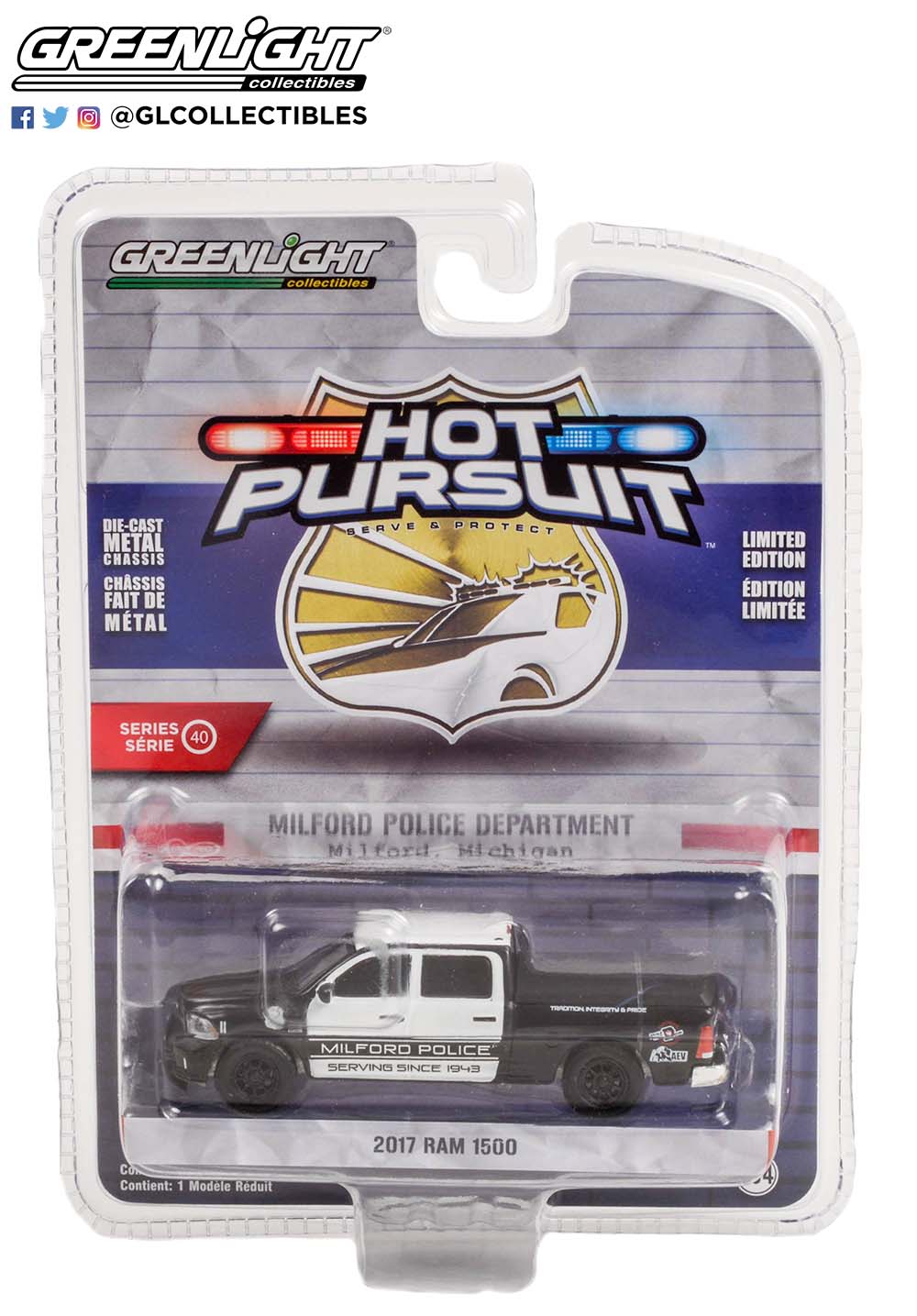 GreenLight 1:64 Hot Pursuit Series 40 - 2017 Dodge Ram 1500 SSV - Milford, Michigan Police Serving Since 1943 42980-E