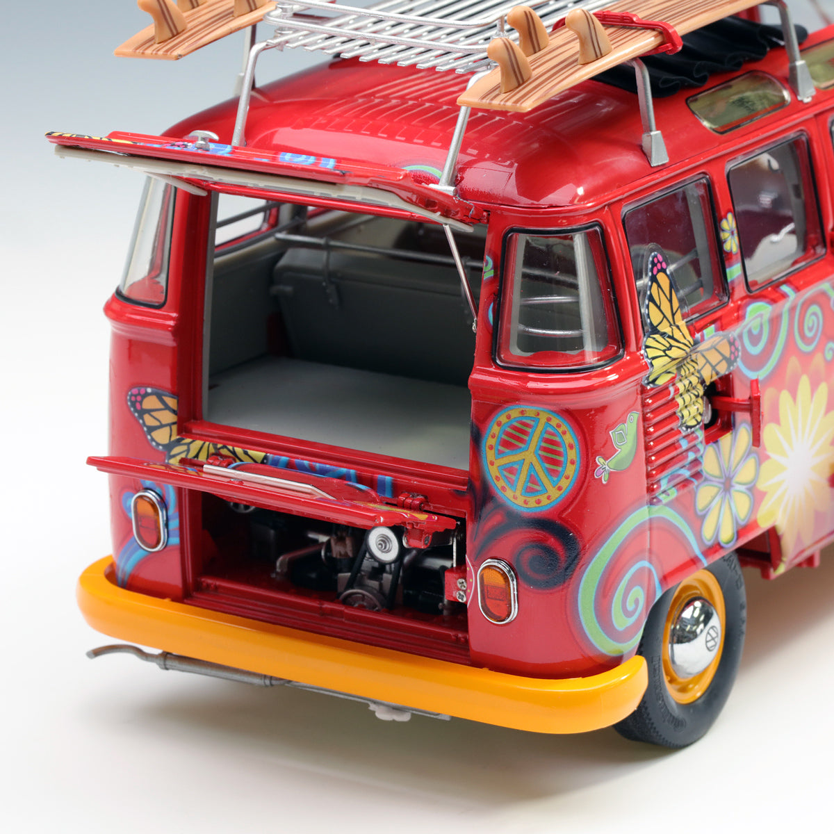 Schuco 1:18 Volkswagen T1 Samba "Hippie" with roof tracks and surfboards 450028300