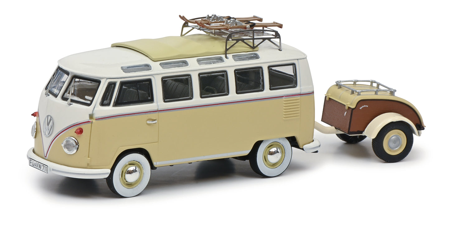 Schuco 1:43 Volkswagen T1b Samba with Westfalia trailer Winter sport 450254600