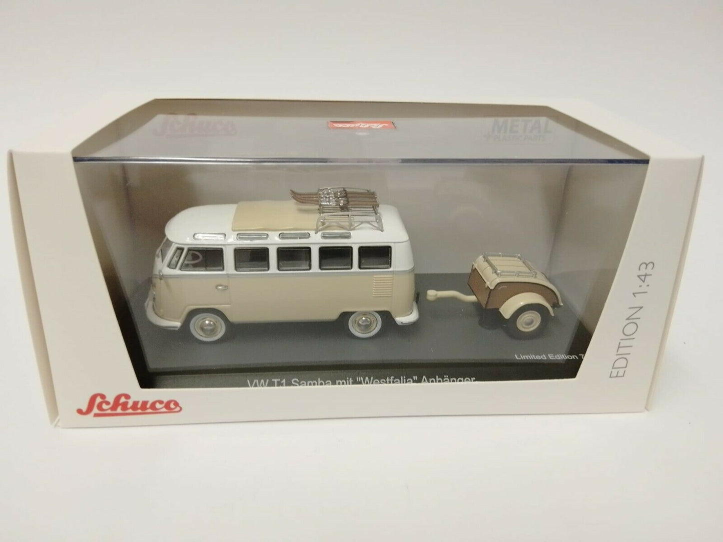Schuco 1:43 Volkswagen T1b Samba with Westfalia trailer Winter sport 450254600