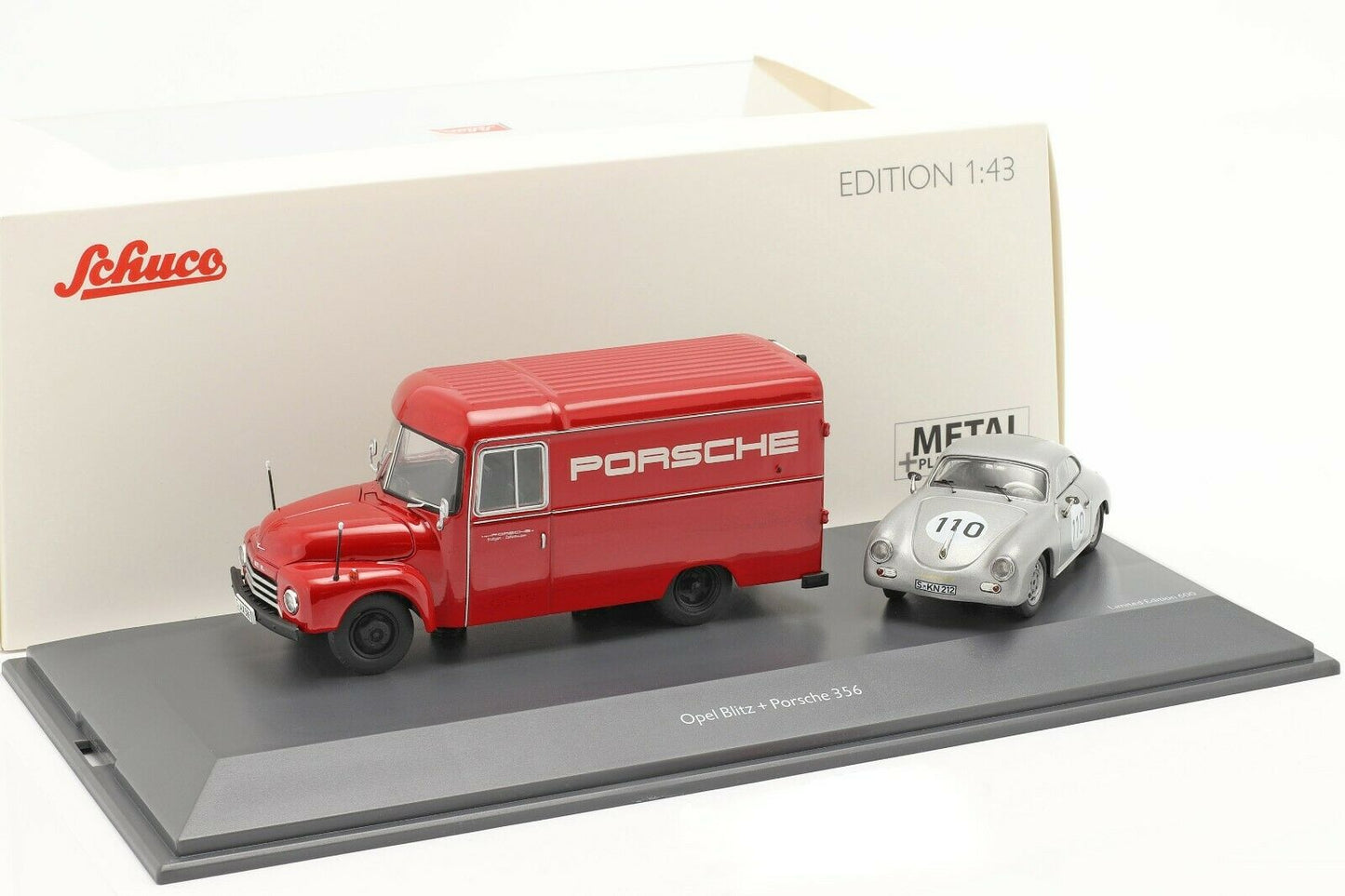 Schuco 1:43 Opel Blitz 1.75t Porsche Renndienst Porsche 356 #110 2-Car Set 450309200