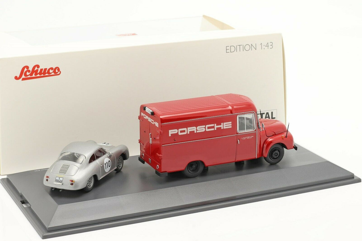 Schuco 1:43 Opel Blitz 1.75t Porsche Renndienst Porsche 356 #110 2-Car Set 450309200