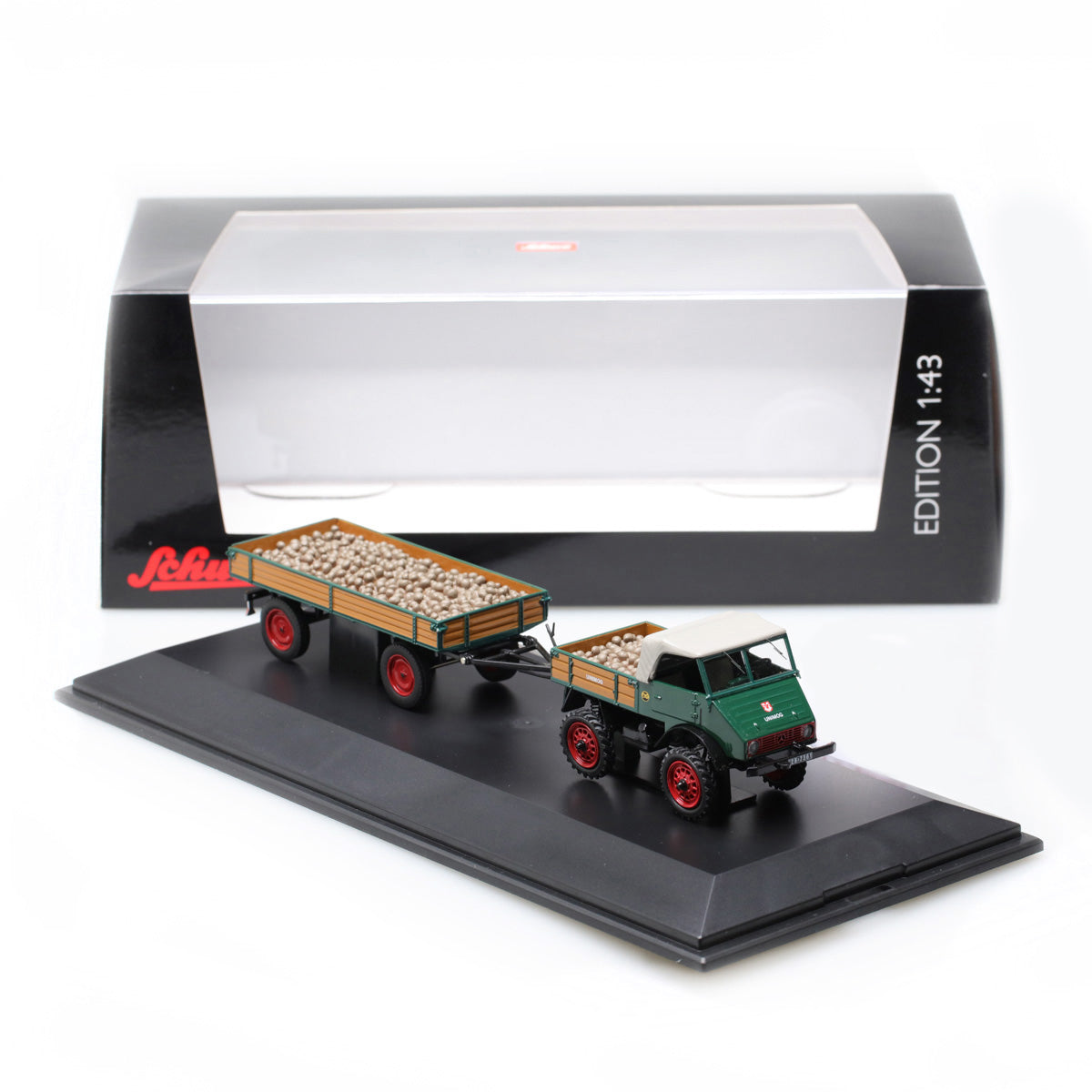 Schuco 1:43 Mercedes Benz Unimog U 401 with trailer and potatoes 450313000