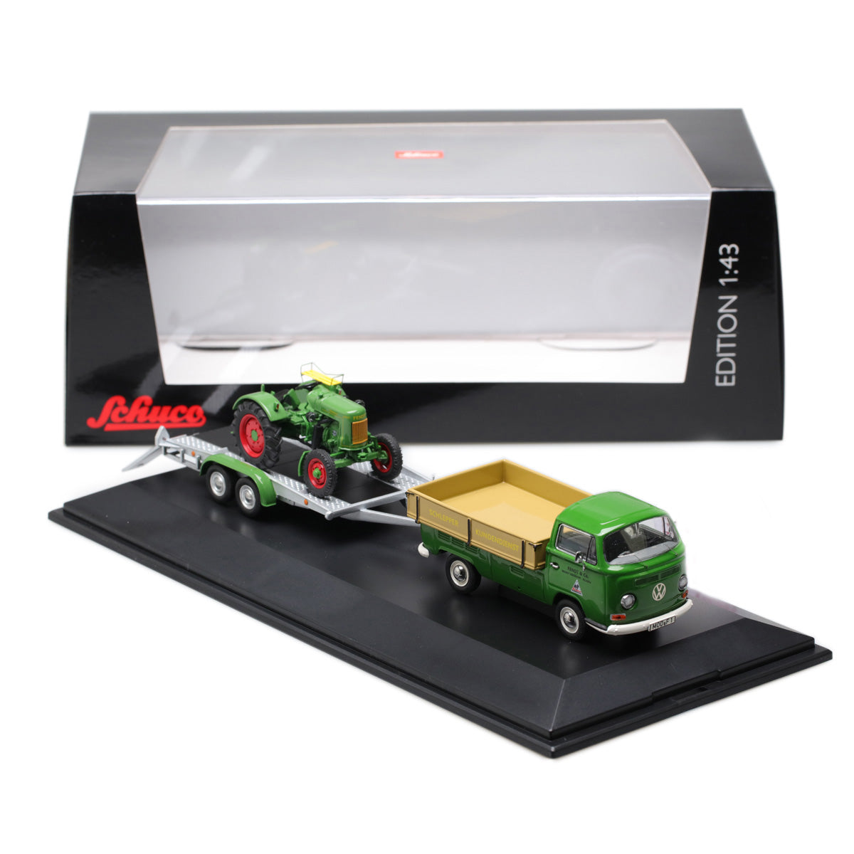 Schuco 1:43 Volkswagen T2a Westfalia pick up with trailer and Fendt Dieselross Tractor Fendt Service 450334200